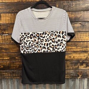 Striped and Leopard Print T-Shirt